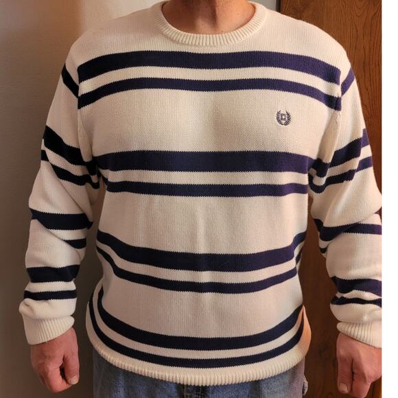 CHAPS Mens White Blue stripes Knit Sweater Sz XL Chest Crest 100% Cotton Preppy - Picture 1 of 9